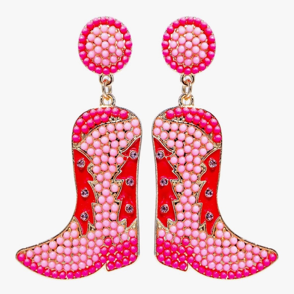 Beaded Cowgirl Boot Glitter Rhinestone Western 
Vibrant Pink Beaded Earrings